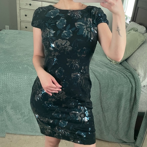 Calvin Klein Blue Floral Sequin Dress With Cowl Back Detail - Picture 11 of 14